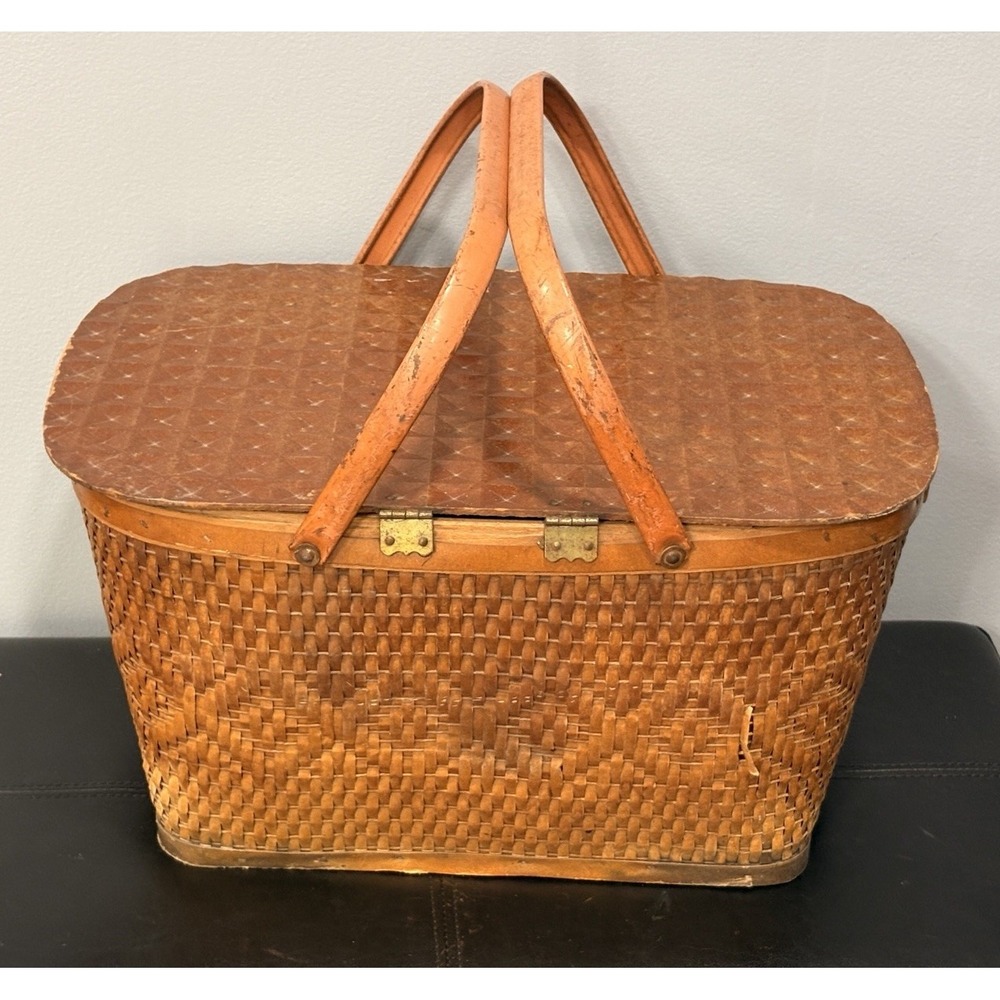 Vintage Redmon Red MCM Wicker Picnic Basket Woven Metal Handle USA Large READ